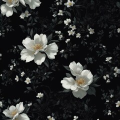a close-up of a black and white flower pattern background with white flowers. AI-Generated.
