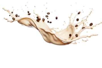 Milk splash with coffee beans isolated on transparent or white background, 16k --ar 3:2