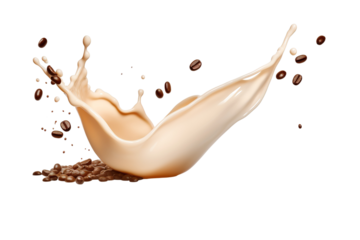 Milk splash with coffee beans isolated on transparent or white background, 16k --ar 3:2