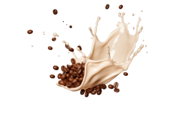 Milk splash with coffee beans isolated on transparent or white background, 16k --ar 3:2