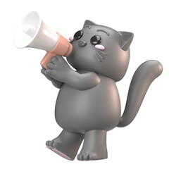 3D grey cat talking with megaphone