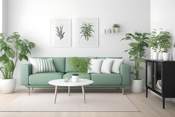 Stylish scandinavian living room and dining area with mint design sofa, empty photo frames, plants and elegant personal accessories. Modern home decor. 3d rendering