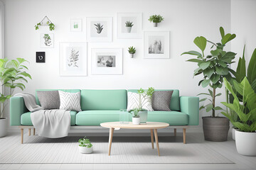 Stylish scandinavian living room and dining area with mint design sofa, empty photo frames, plants and elegant personal accessories. Modern home decor. Templates.