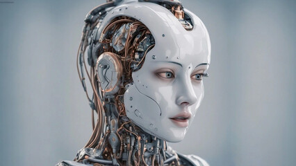 Young female detailed cyborg with mechanisms and wires in head against digital technological background. Generative AI

