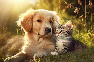 Young cat and dog together outdoors, friendship concept