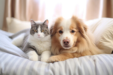 Cat and dog are resting together on the sofa