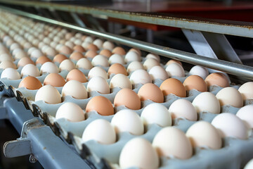 Chicken eggs move along a conveyor in a poultry farm. Food industry concept, chicken egg production.