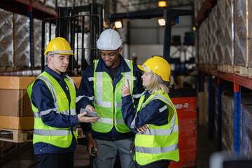 Group of warehouse employees using a digital warehouse management system. logistics manager using a digital tablet while having a meeting with his team.