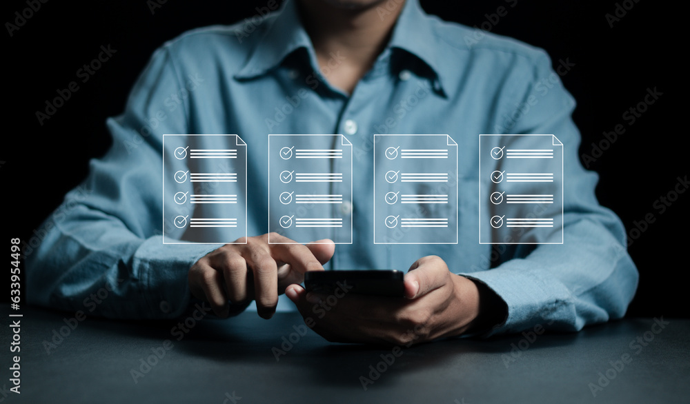 Poster document management concept, businessman managing documents and checklists on virtual screen.