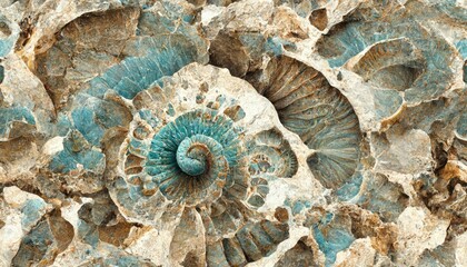 Seamless texture of elaborate and unique calcified blue ammonite sea shell spirals embedded into rock. Prehistoric fossilized detailed rough grunge surface patterns - generative AI
