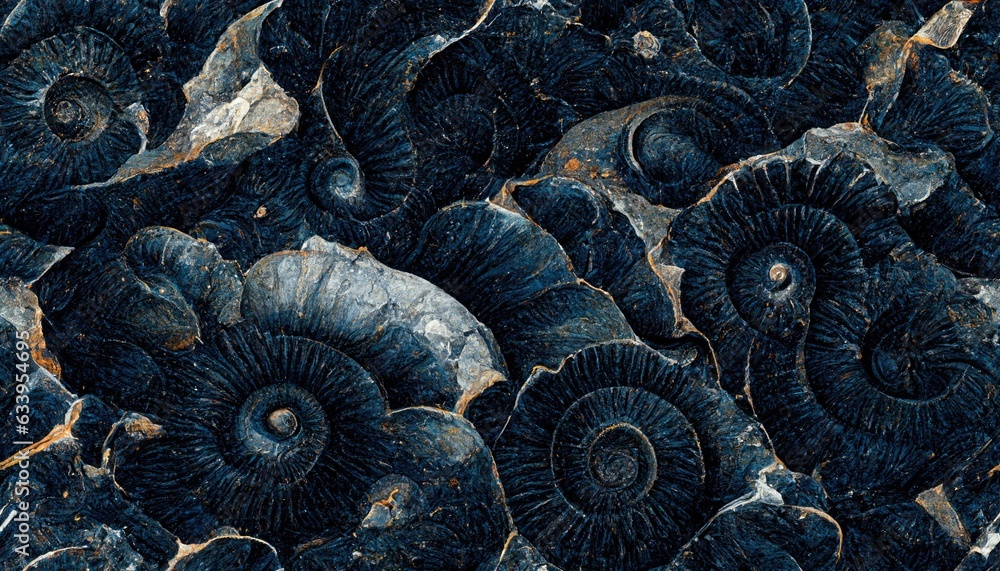 Sticker Seamless texture of elaborate and unique calcified blue ammonite sea shell spirals embedded into rock. Prehistoric fossilized detailed rough grunge surface patterns - generative AI