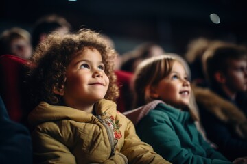 Children watching movies in the cinema. Generative AI.