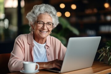 Mature women with computer smiling. Generative AI.