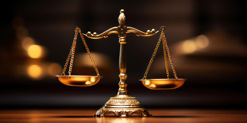 Shiny golden balanced scale on a table as concept justice and fairness 