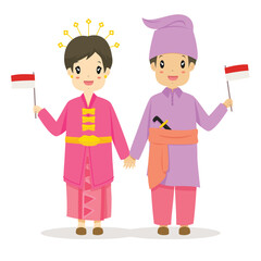 Fototapeta premium Happy couple wearing Riau traditional dress and holding an Indonesian flag. Indonesia traditional dress cartoon vector.