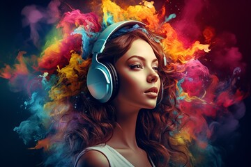 beautiful girl with headphones and a background of multiple and different colors