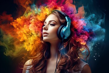 beautiful girl with headphones and a background of multiple and different colors