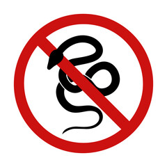 Vector prohibition sign with snake silhouette. Danger of a poisonous bite. Do not touch wild animals. Boa constrictor in forbidden sign