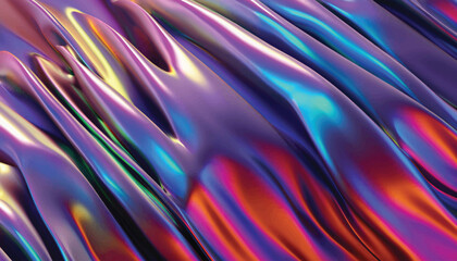 3d render, abstract background, iridescent holographic foil, metallic texture, ultraviolet wavy wallpaper, fluid ripples, liquid metal surface, aura spectrum, bright hue colors vector illustion
