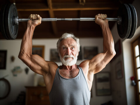 Active senior man having strength exercise with weightlifting. Strong old man healthy exercise.