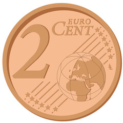 
2 CENTS, coin drawn in vector style on a white background