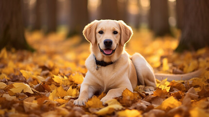 Cute golden retriever laying in autumn leaves 