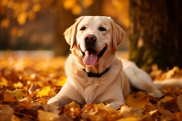 Cute golden retriever laying in autumn leaves with tongue out