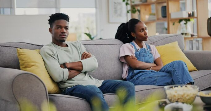 Black couple, ignore and sad, divorce or conflict, stress in marriage crisis or depression at home with arms crossed. African man, woman and fight, problem or angry in mistake, frustrated or thinking