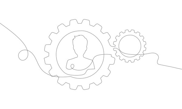 Continuous line drawing of gear with man inside, Technology progress. Single Line art with Cog wheels. Doodle art. Vector illustration
