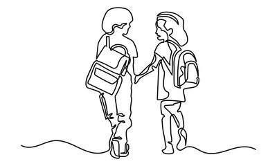 continuous line drawing, young girl and boy going to School with backpacks. They are happy and hand holding concept for back to school. black and white background.
