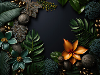 Black tropical leaf creative layout border frame dark paper background flatlay. Room for text, copy. Black Friday poster template. Unusual artistic luxurious cosmetics concept.