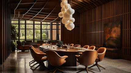 Brown leather chairs at wood dining table