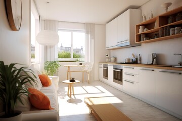 Fototapeta premium The kitchen is furnished with a sofa and wooden table with potted plants and modern furnishings providing a relaxed, natural atmosphere with soft sunlight on the windows.