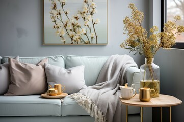 Flower handout with coffee cup in living room with interior sofa
