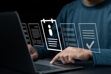 Human Resources HR management concept, Businessman filling out online employee appraisal form. Human resource management (HR), recruiting, leadership and team building.