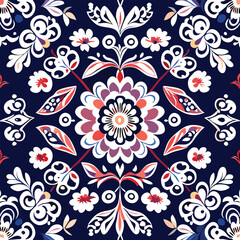 Fototapeta na wymiar Ikat floral paisley embroidery on navy blue background.geometric ethnic oriental pattern traditional.Aztec style abstract vector illustration. tile texture background. Moroccan ancient textile. 