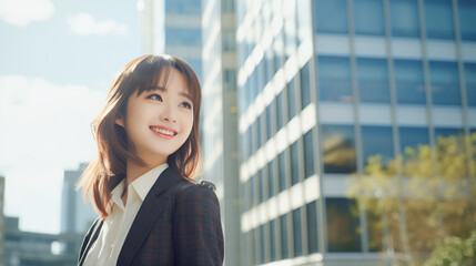 青空を見上げるビジネスウーマン