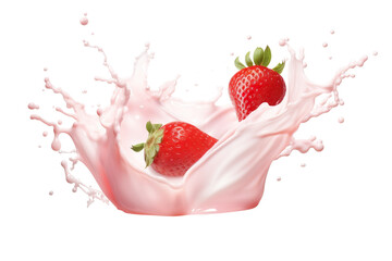 Milk or yogurt splash with strawberries isolated on white background, 3d rendering isolated PNG