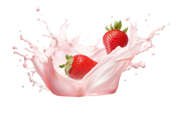 Milk or yogurt splash with strawberries isolated on white background, 3d rendering isolated PNG