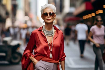 Foto op Plexiglas Milaan Stylish old age woman in a red shirt and sunglasses walking down the street
