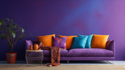 Corner vibrant fabric sofa near purple wall