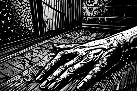 Illustration of a black and white drawing of a hand in a cage. Horror theme. Creepy and tragic view.