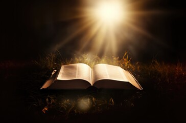 Opened bible on the grass in the dark with rays of light