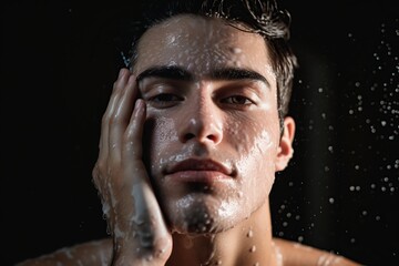 Fototapeta na wymiar young man starts his skincare routine with a refreshing face wash