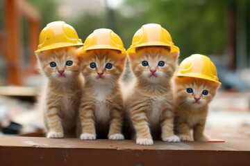 Group of cute little kittens in safety helmets on a construction site background, A group of small kittens wearing construction hats, AI Generated