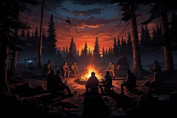 Illustration of a campfire in the forest with people on it, A haunting and imaginative scene depicting a spooky, AI Generated