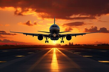 Fototapeta na wymiar Airplane on the runway in the airport at sunset. 3d render, A large jetliner taking landing an airport runway at sunset or dawn with the landing gear down, AI Generated