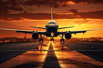 Airplane taking off from the runway at sunset. 3D rendering, A large jetliner taking landing an airport runway at sunset or dawn with the landing gear down, AI Generated