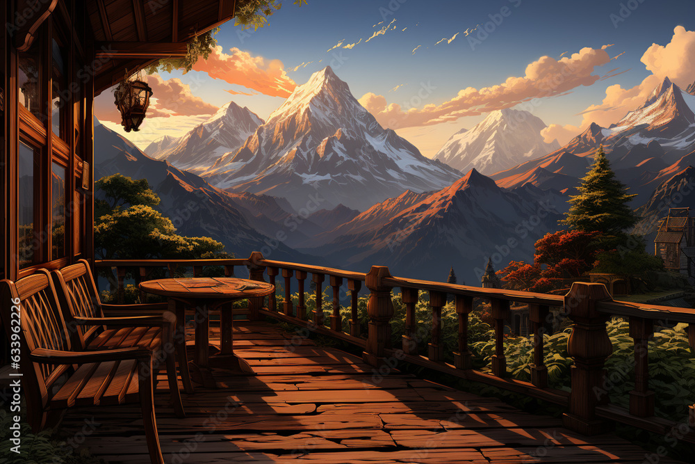 Aufkleber a snapshot of a deck nestled among the mountains, providing a stunning panoramic view of rugged peak