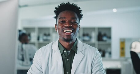 Happy, face and black man scientist in laboratory proud of medicine, research or healthcare help. Medical, portrait and science expert in lab smile for cancer, breakthrough or solution development